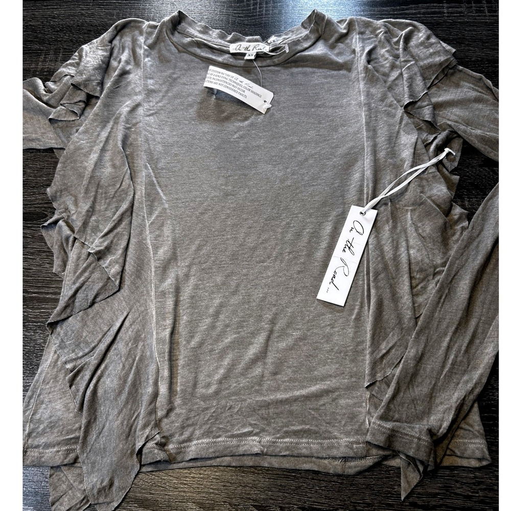 On The Road Gray Ruffle Long Sleeve Top Mineral Wash Crew Neck XS NWT Boho Flowy